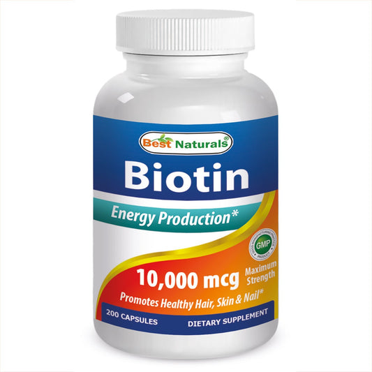Frasco Biotina 10,000 mcg máxima potencia Best Naturals 200 cápsulas