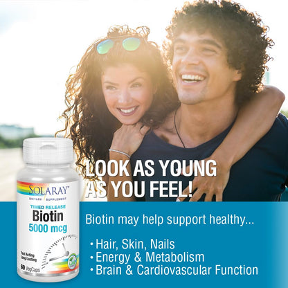 Frasco de biotina 5000 mcg SOLARAY para cabello saludable
