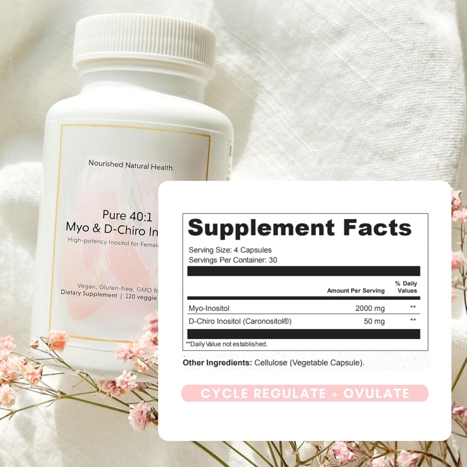 Frasco blanco suplemento inositol para la salud femenina