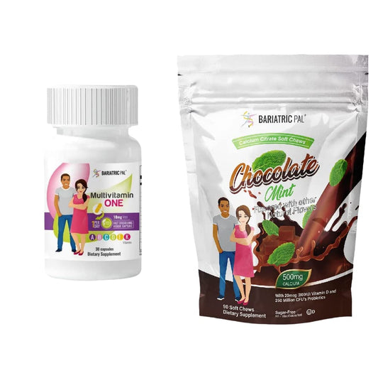 Frasco y bolsa de vitaminas BariatricPal con menta chocolate