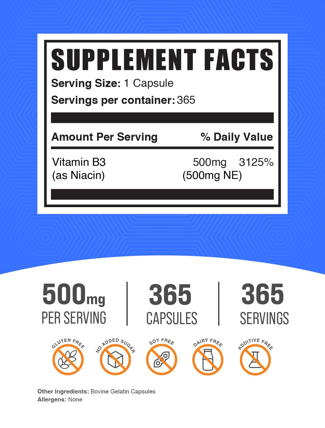 Frasco BulkSupplements niacina 365 cápsulas
