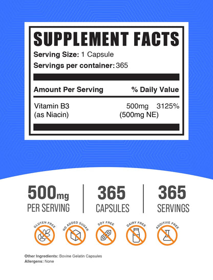 Frasco BulkSupplements niacina 365 cápsulas