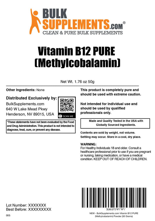 Frasco BulkSupplements con polvo Vitamina B12 Metilcobalamina