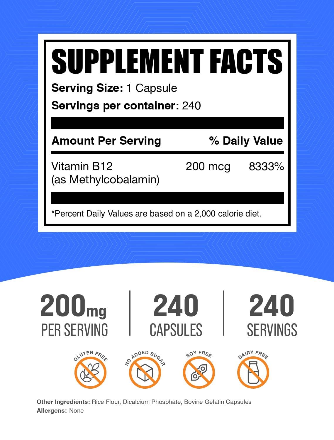 Frasco BulkSupplements vitamina B12 200 mcg