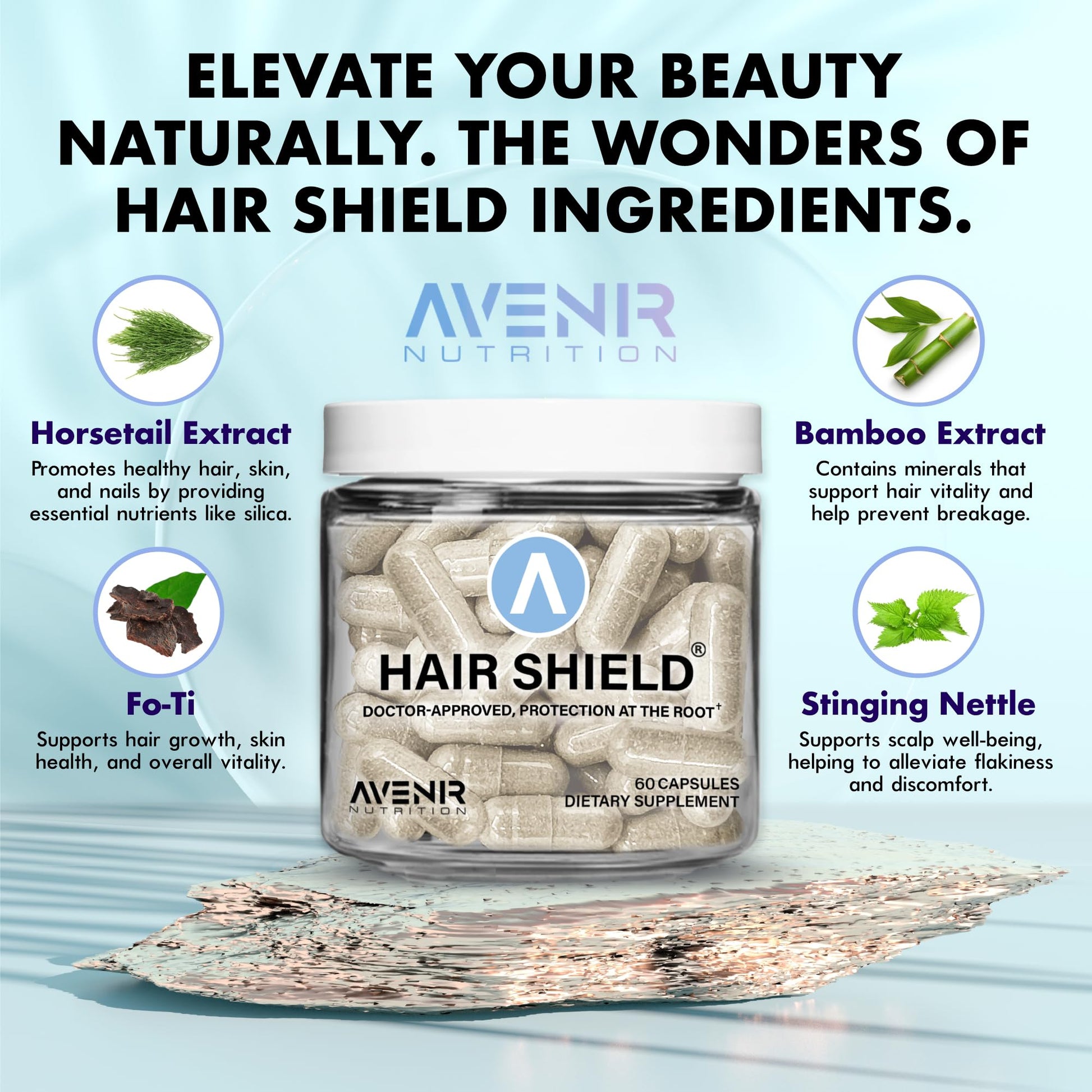 Frasco y caja Hair Shield vitaminas biotina calcio zinc piel cabello
