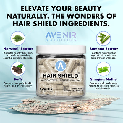 Frasco y caja Hair Shield vitaminas biotina calcio zinc piel cabello