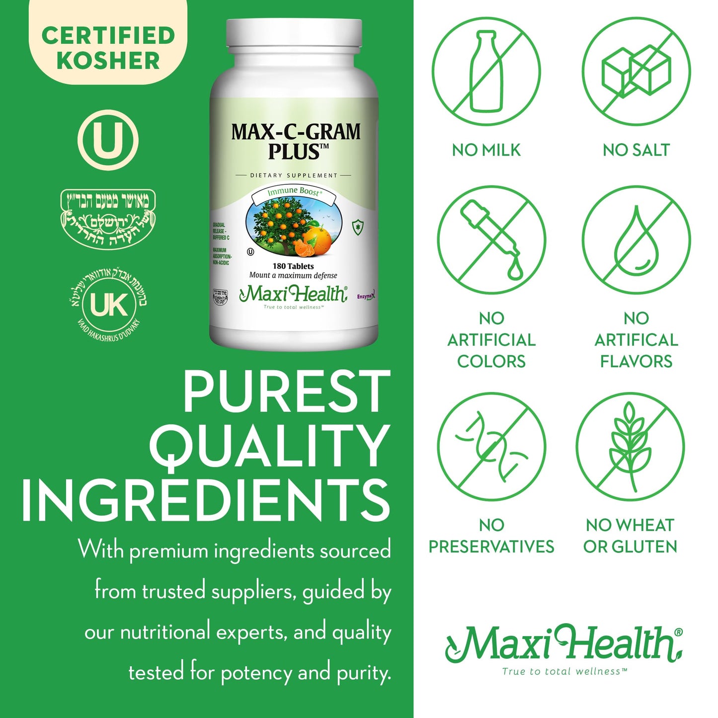 Frasco y caja Maxi Health Max C Gram Plus 90 tabletas
