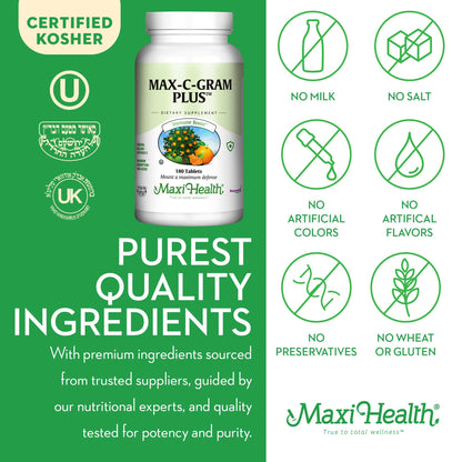 Frasco y caja Maxi Health Max C Gram Plus 90 tabletas