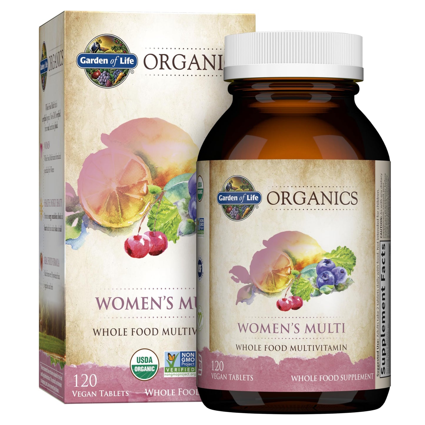 Frasco y caja de multivitaminas para mujeres.