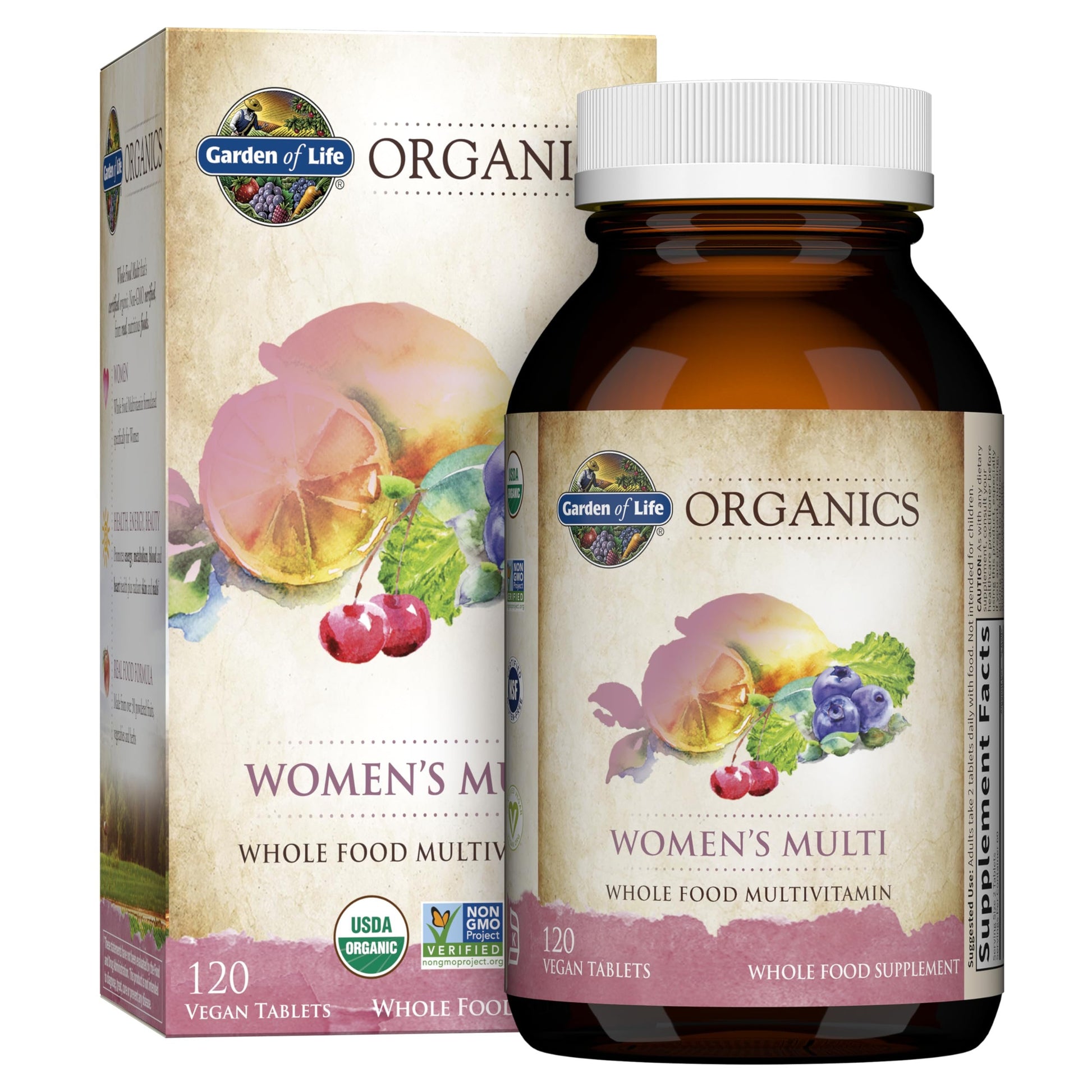 Frasco y caja de multivitaminas para mujeres.