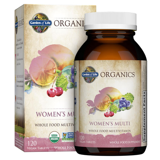 Frasco y caja de multivitaminas para mujeres.
