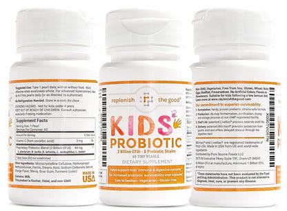 Frasco y caja probióticos veganos para niños Replenish the Good