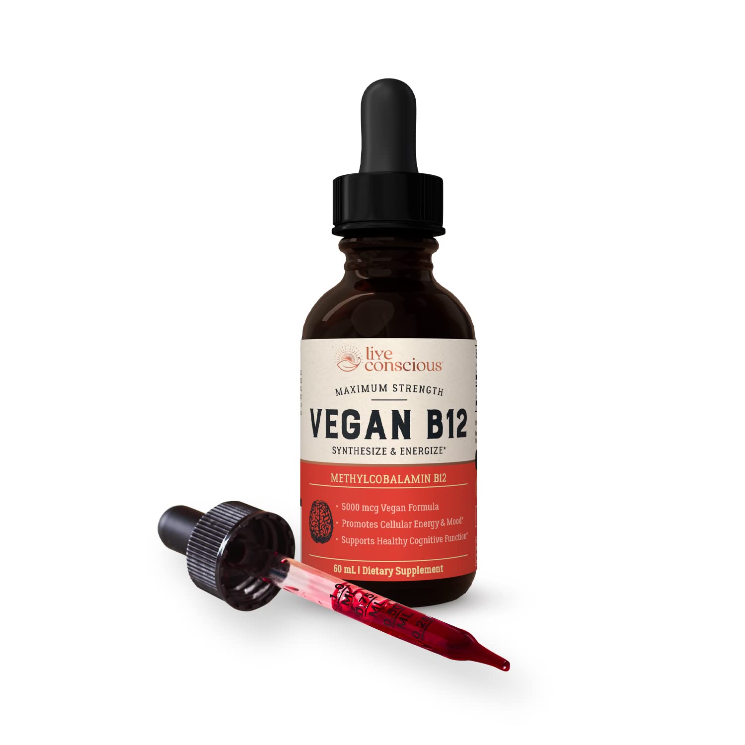 Frasco y caja suplementaria Vitamina B12 vegana Live Conscious