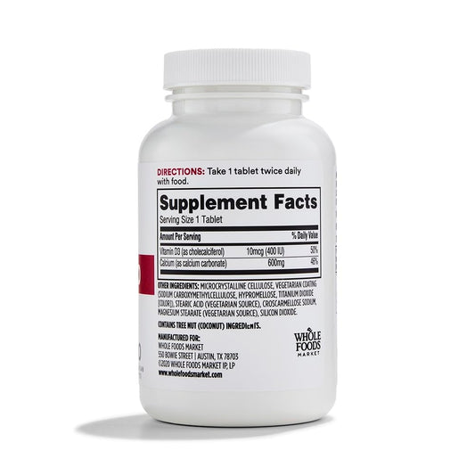 Frasco suplemento Calcio 600 con Vitamina D3 Whole Foods