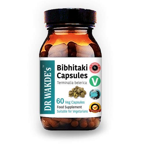 Frasco de cápsulas de Bibhitaki DR WAKDE'S en fondo claro