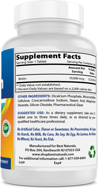 Frasco y cápsulas de biotina Best Naturals 10,000 mcg