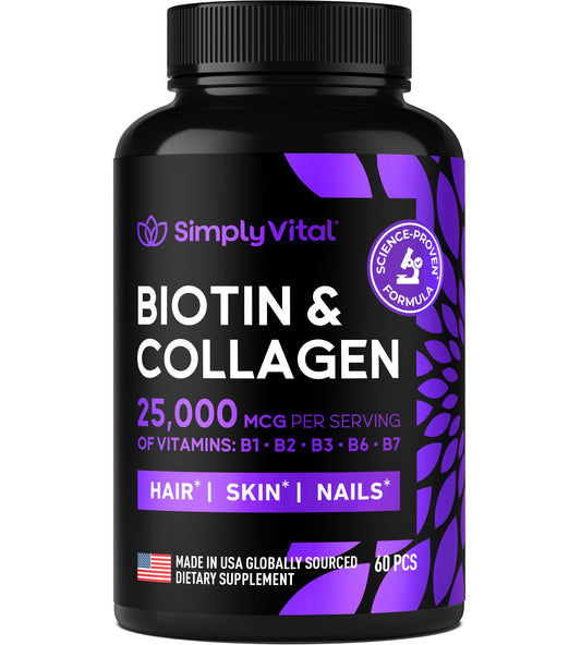 Frasco cápsulas biotina y colágeno SimplyVital para piel y cabello