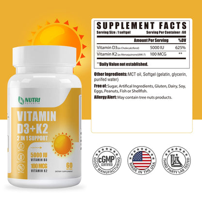 Frasco de cápsulas blandas NUTRI POTENTIA D3 K2 60 unidades