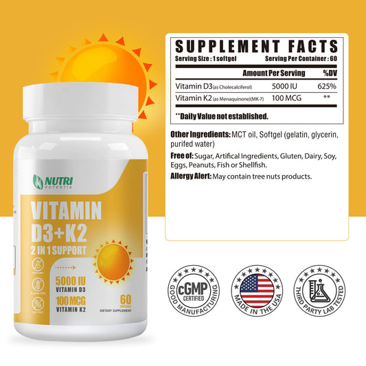 Frasco de cápsulas blandas NUTRI POTENTIA D3 K2 60 unidades