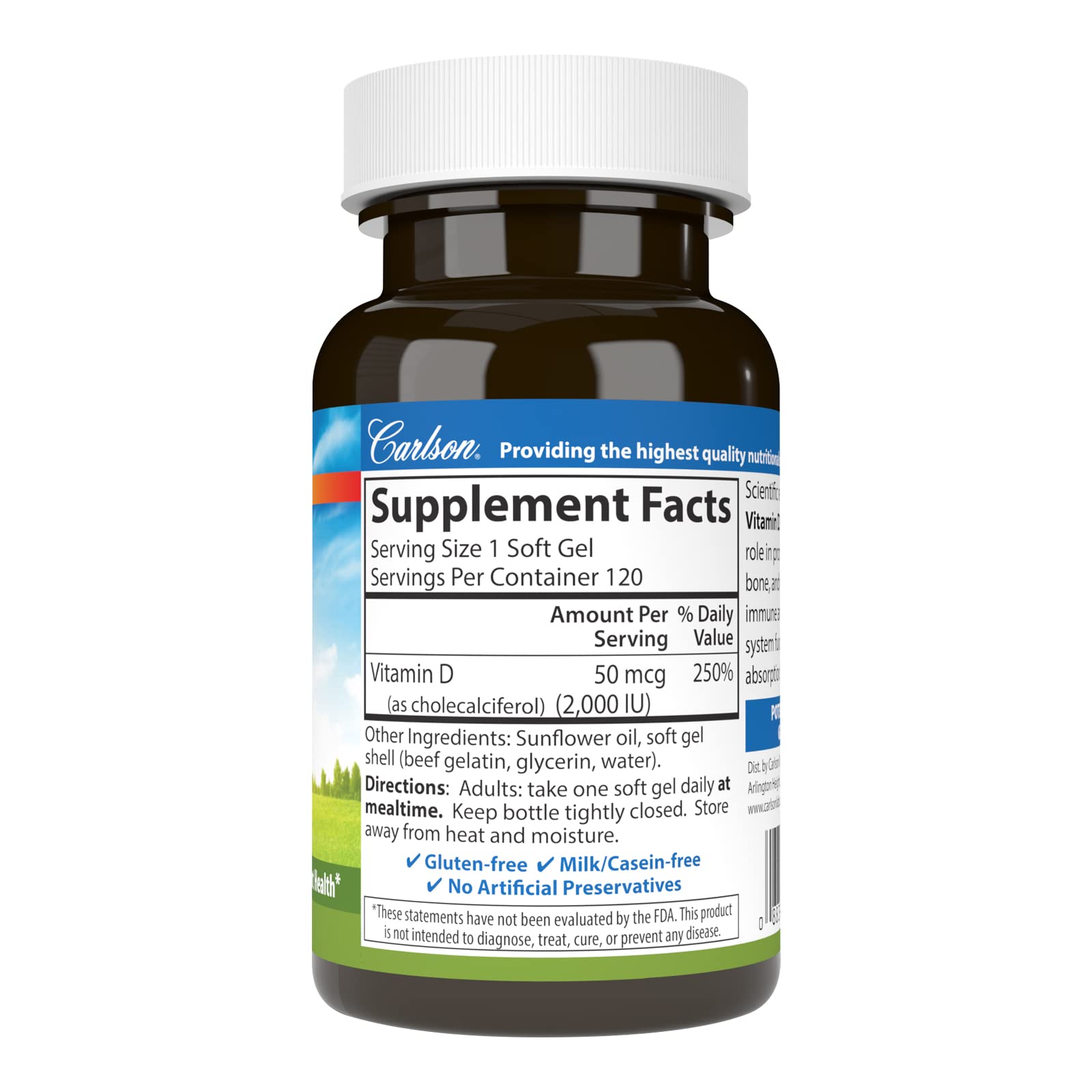 Frasco cápsulas blandas vitamina D Carlson Laboratories 2000 UI