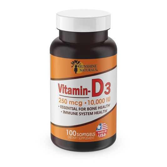Frasco de cápsulas blandas de Vitamina D3 Sunshine Naturals 10000 UI