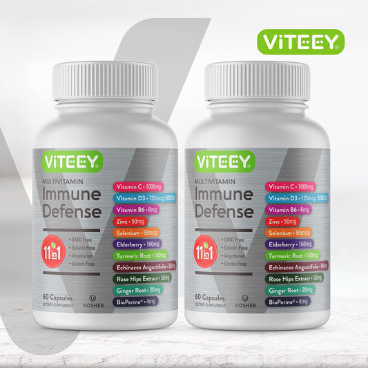 Dos frascos de cápsulas de defensa inmune Viteey multivitamínico.