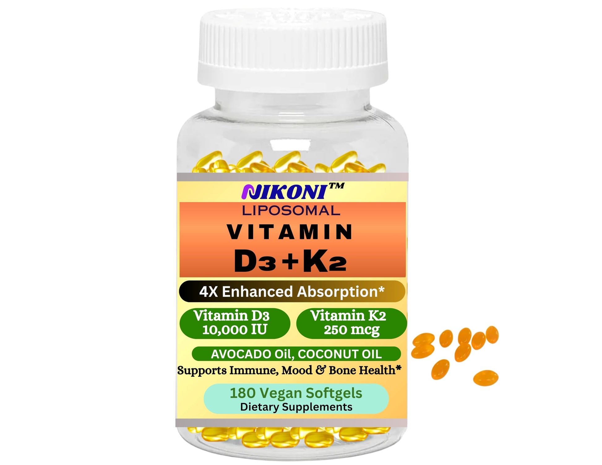 Frasco de cápsulas lipozomales Nikoni vitaminas D3 y K2