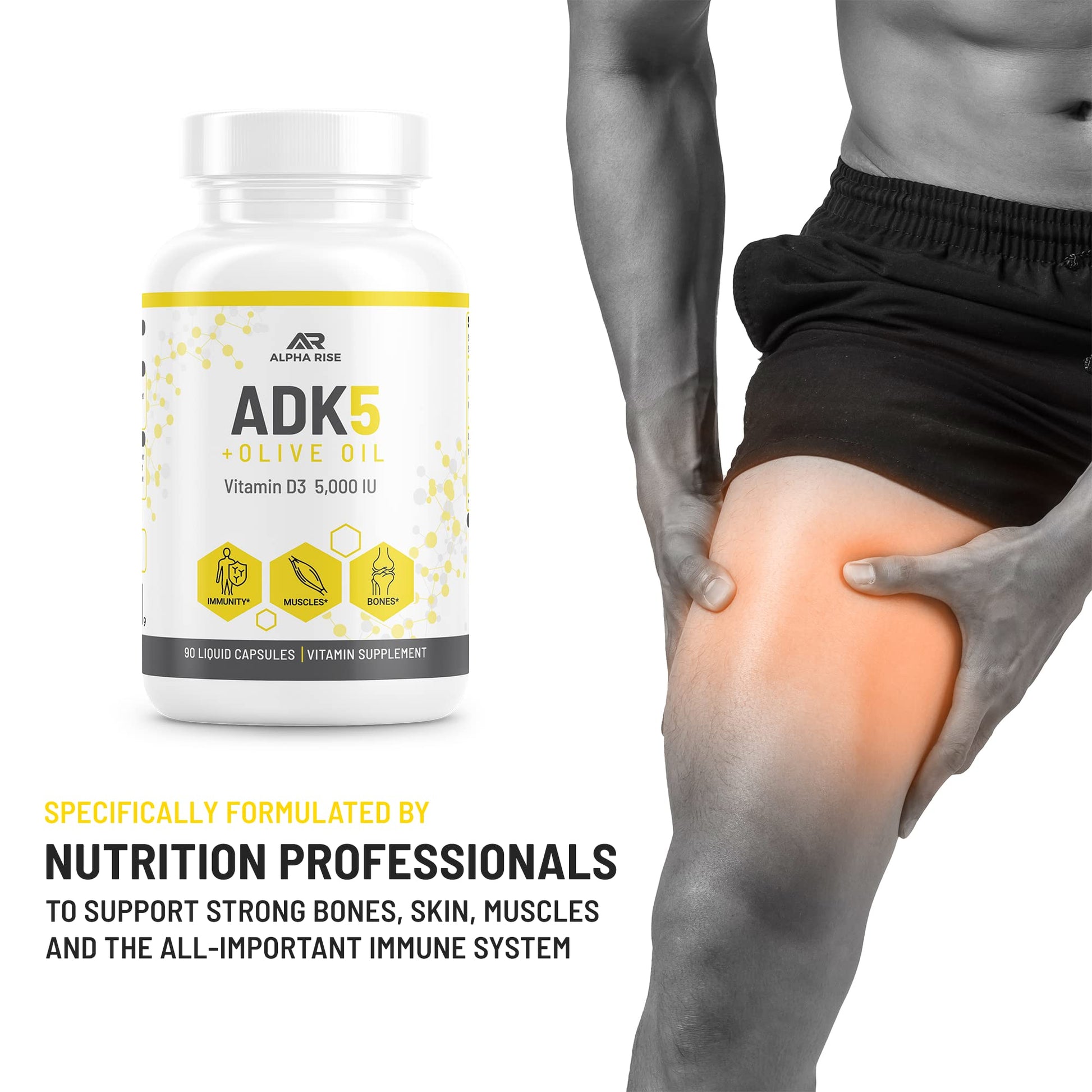 Frasco cápsulas líquidas vitaminas ADK Alpha Rise vista lateral