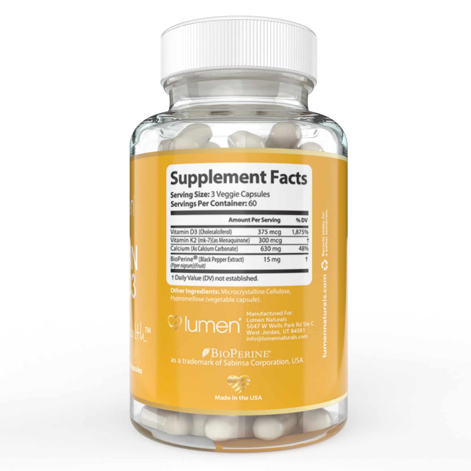 Frasco con cápsulas Lumen Naturals K2D3 para salud femenina