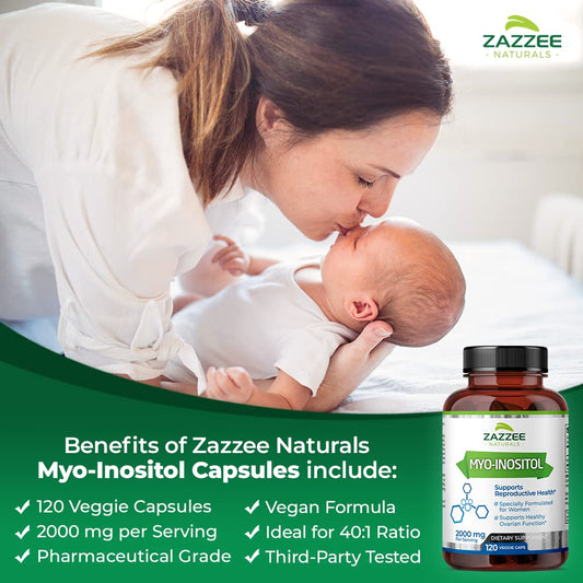 Frasco cápsulas mio-inositol Zazzee para fertilidad