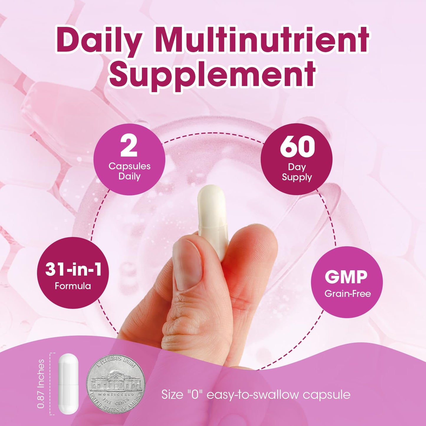 Frasco de pequeñas cápsulas de multivitamínico Mulittea mujeres