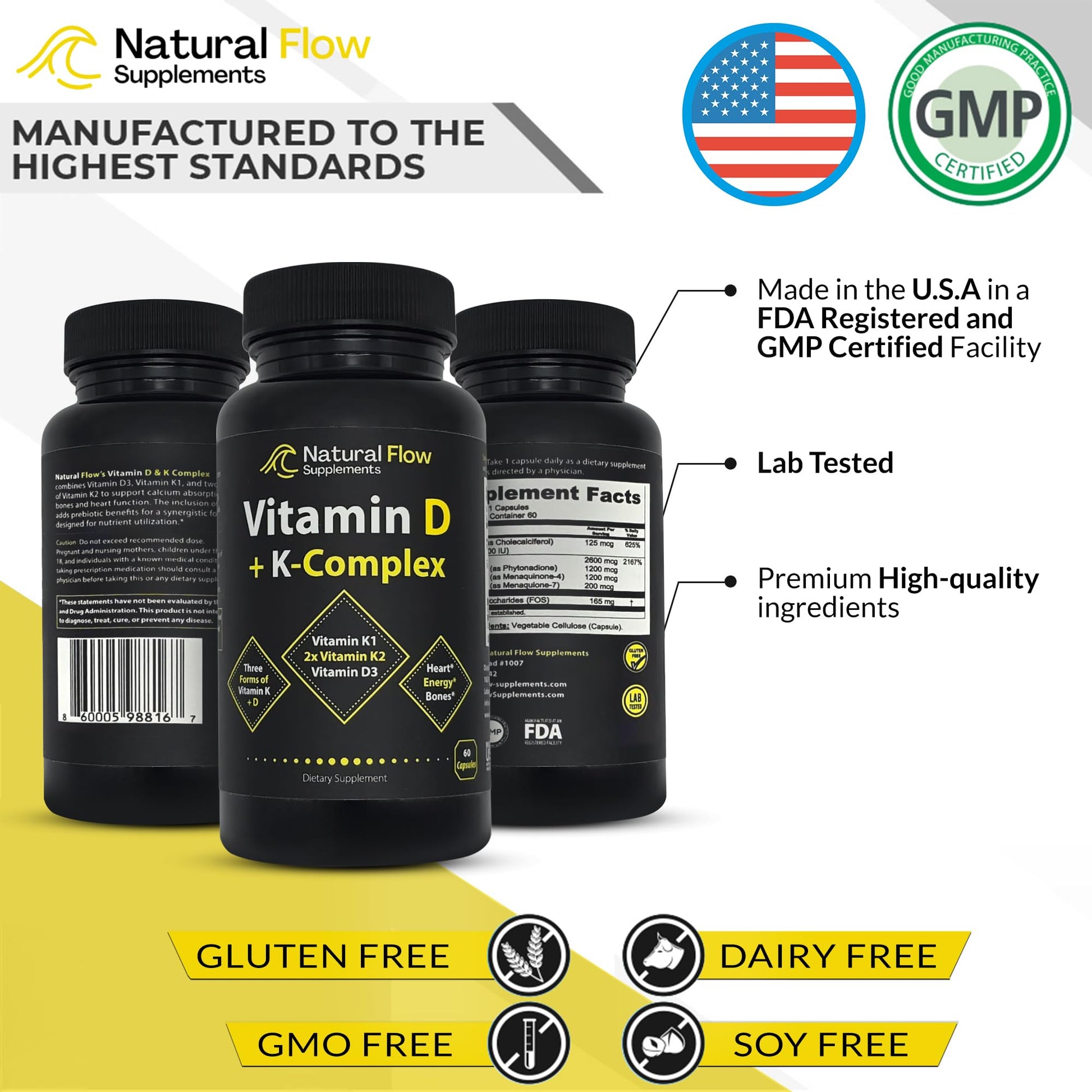 Frasco cápsulas Natural Flow vitamina D3 con K2 MK4 MK7 y K1 para huesos