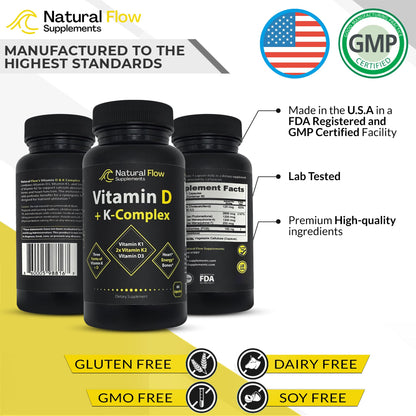 Frasco cápsulas Natural Flow vitamina D3 con K2 MK4 MK7 y K1 para huesos