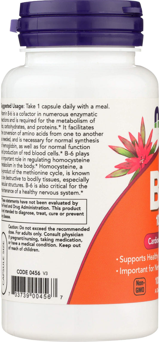Frasco cápsulas Now Foods vitamina B6 100mg sin GMO apoyo salud celular