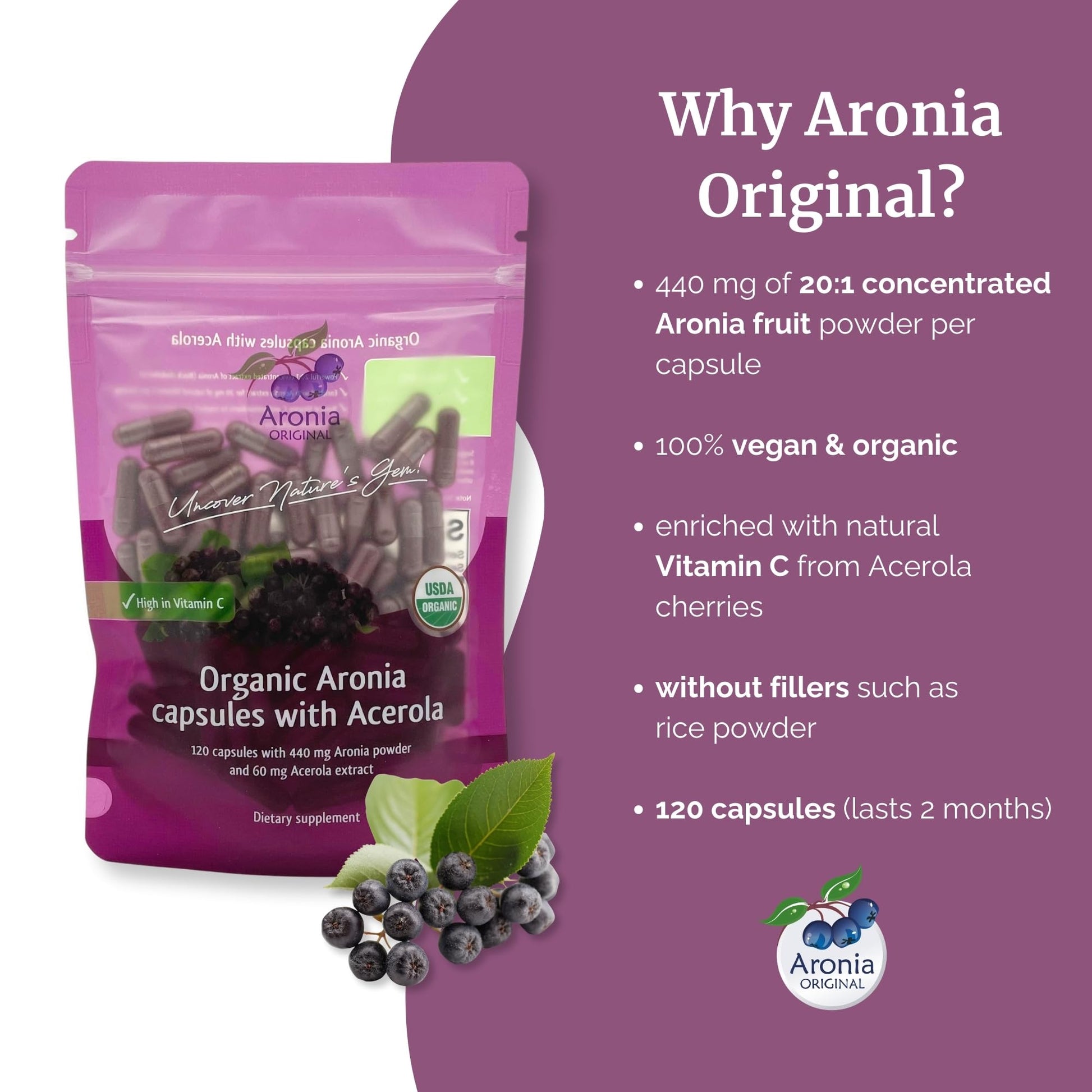 Frasco cápsulas orgánicas aronia y acerola