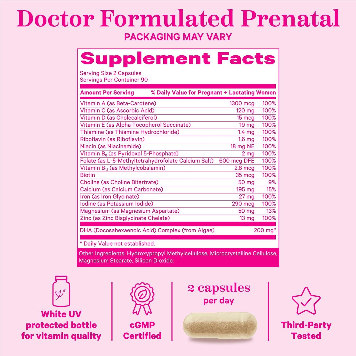 Frasco y cápsulas Pink Stork Total Prenatal para embarazo