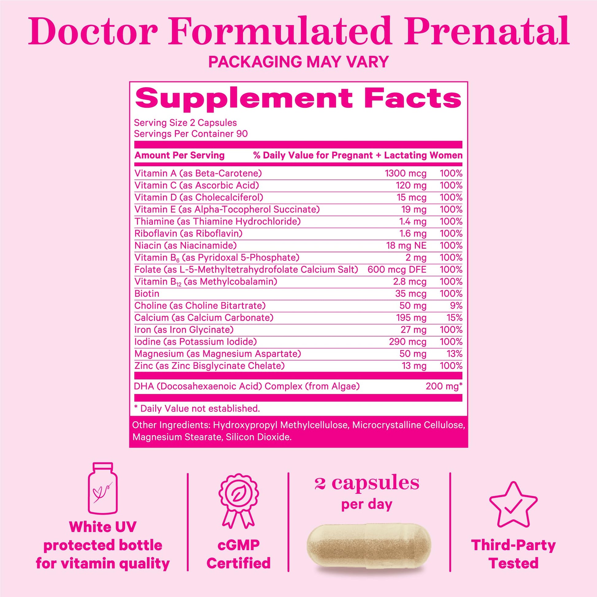 Frasco y cápsulas Pink Stork Total Prenatal para embarazo