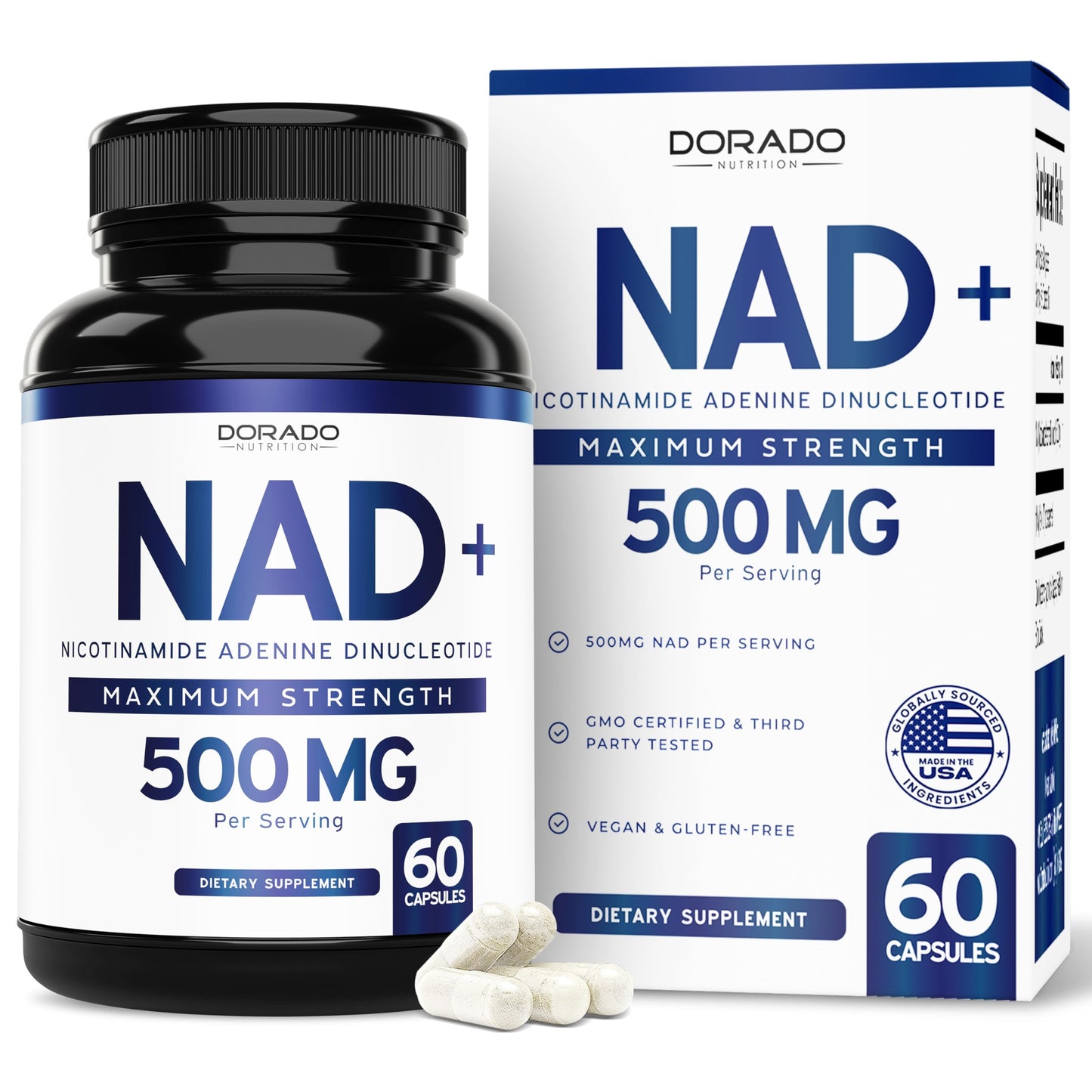 Frasco cápsulas suplemento NAD+ 500mg vegano DORADO NUTRITION