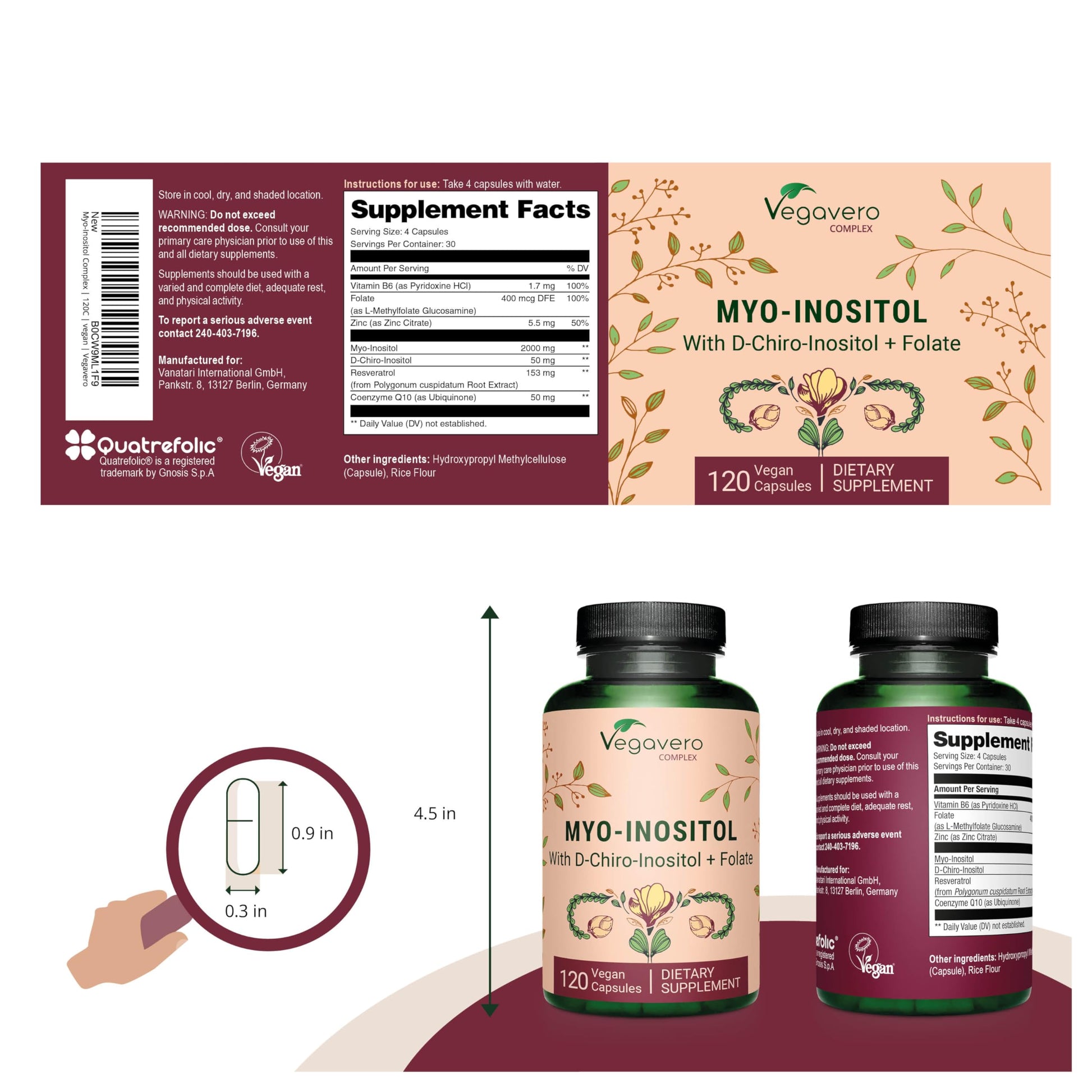 Frasco cápsulas Vegavero myo-D-chiro inositol para fertilidad