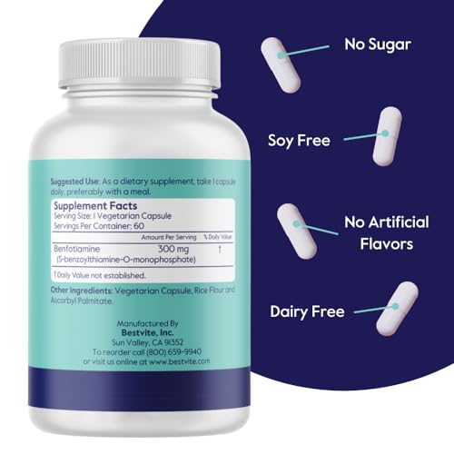 Frasco con cápsulas vegetales Benfotiamina Bestvite 300mg