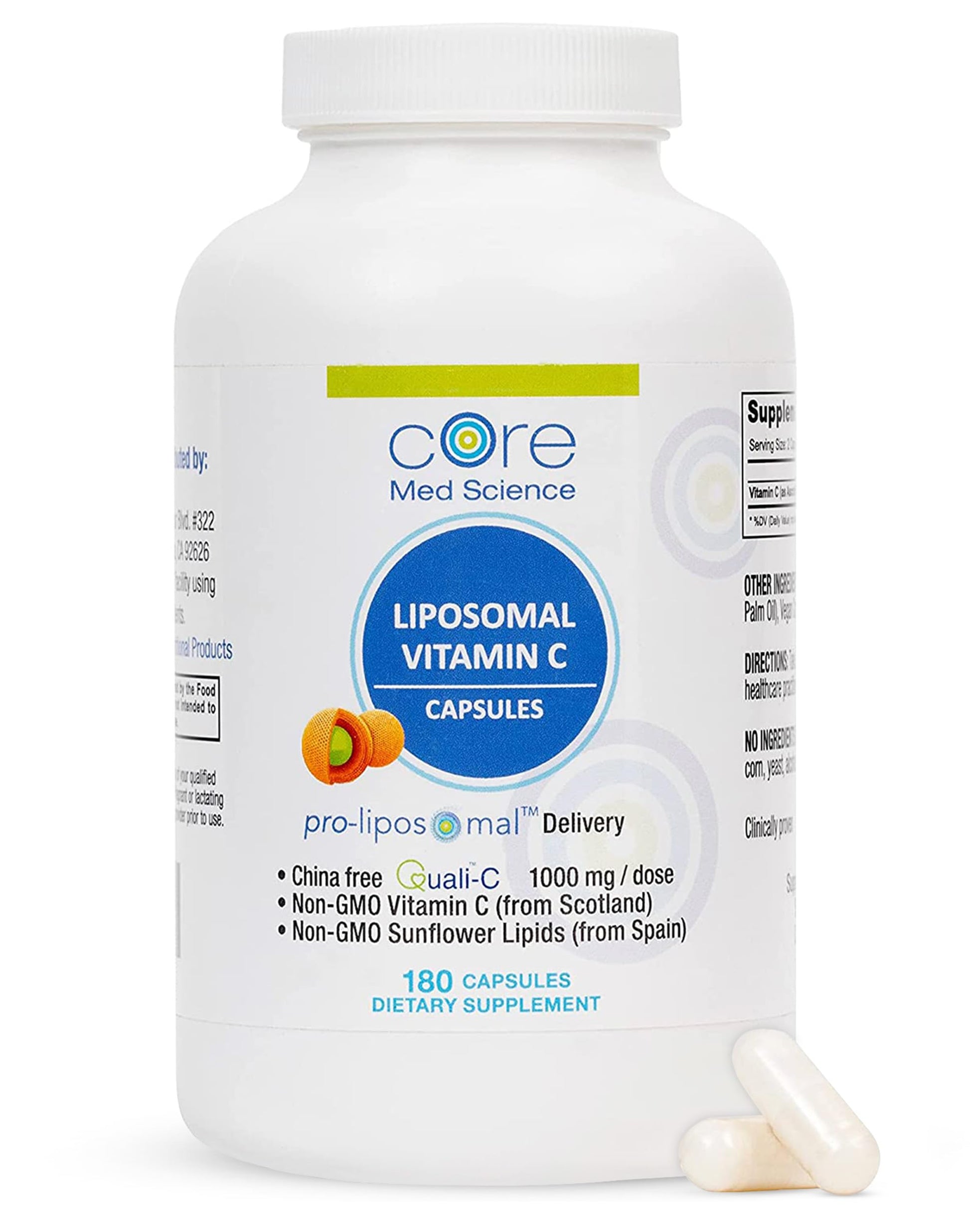 Frasco cápsulas vitamina C liposomal Core Med Science 180 unidades