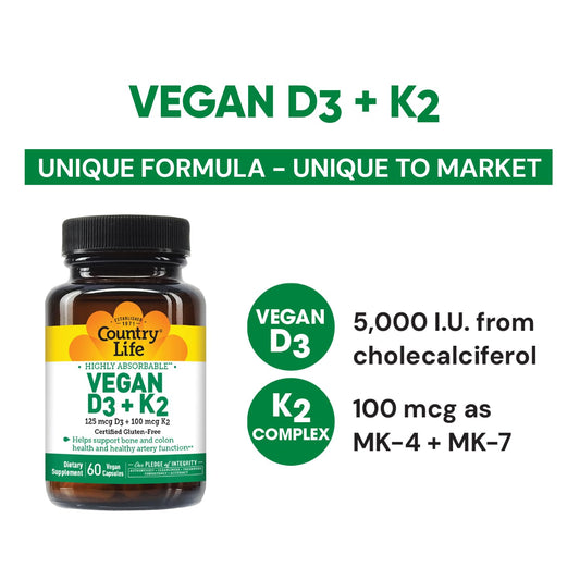 Frasco cápsulas vitamina d3 k2 vegano Country Life