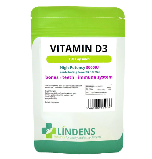 Frasco cápsulas vitamina D3 Lindens 3000 UI 120 unidades