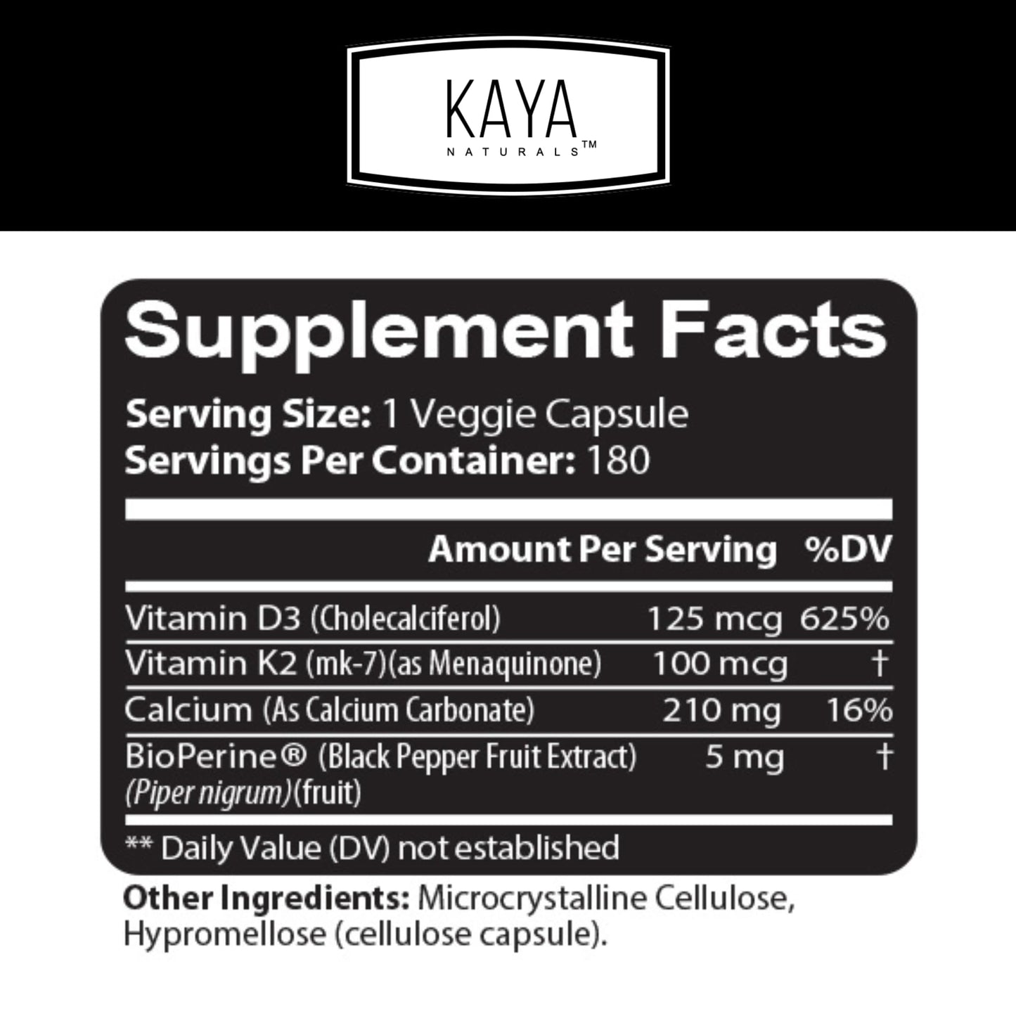 Frasco de cápsulas vitamina K2 con D3 suplemento Kaya Naturals