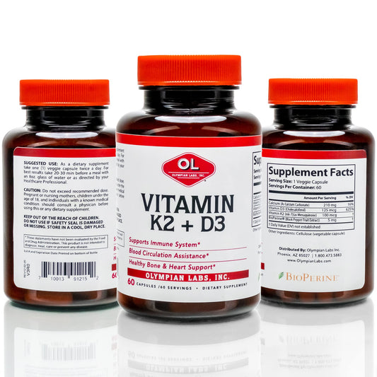 Frasco cápsulas vitamina K2 y D3 Olympian Labs etiqueta frontal