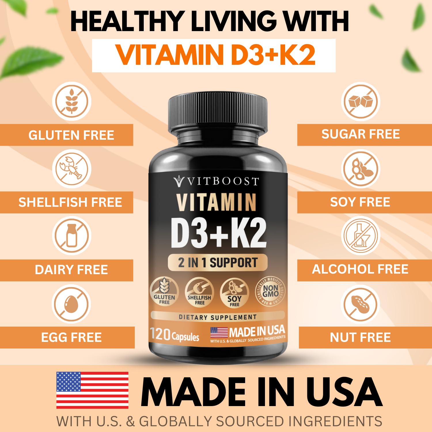 Frasco y cápsulas VITBOOST vitamina D3 K2 no transgénico