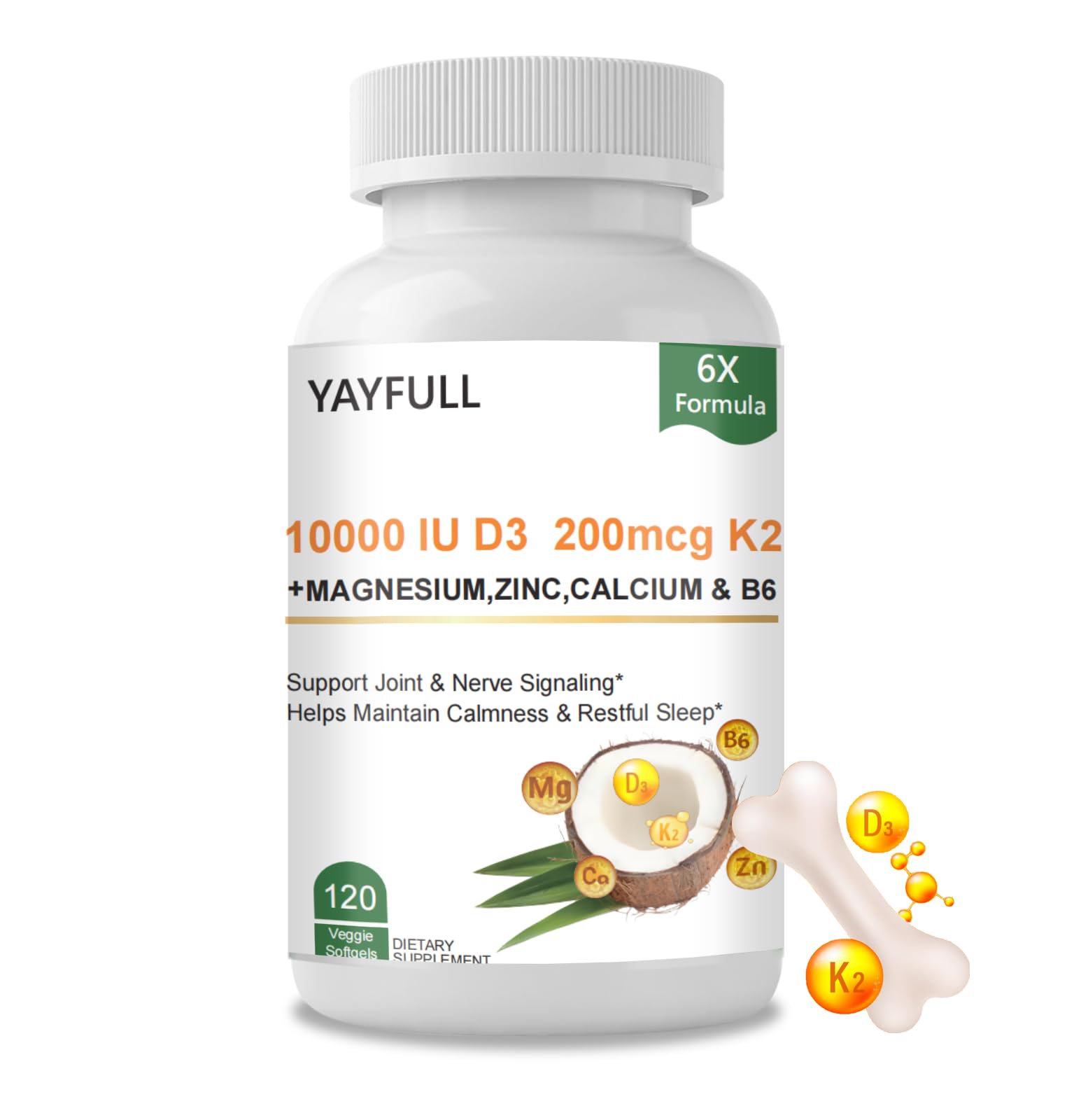 Frasco de cápsulas YAYFULL D3 K2 magnesio 120 unidades