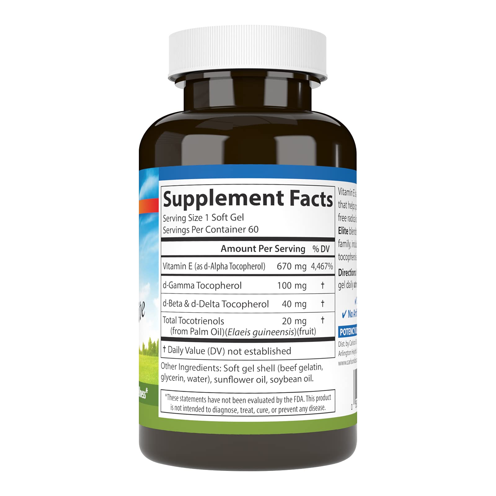 Frasco de suplemento Carlson E-Gems Elite vitamina e