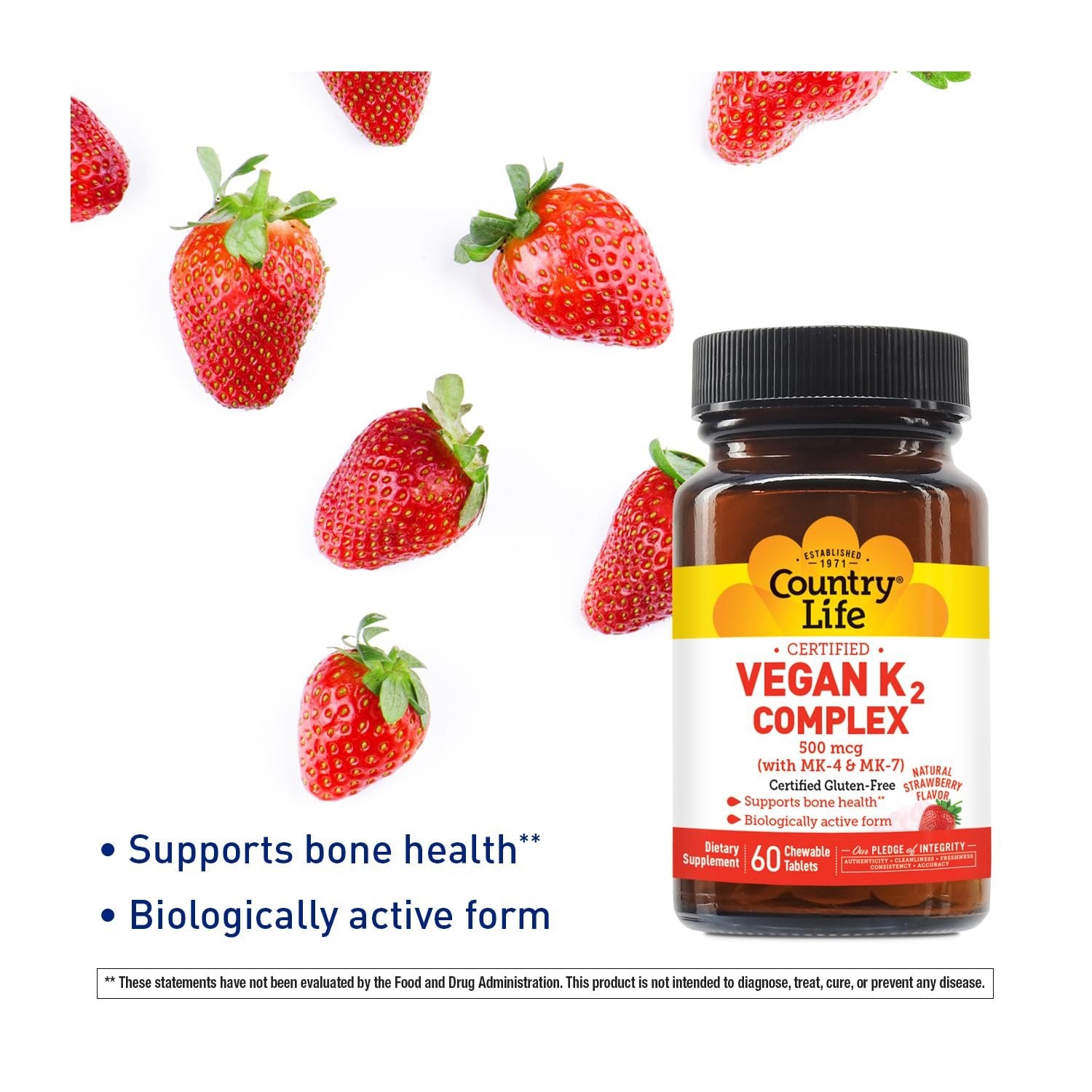 Frasco cerrado Country Life vitamina K2 masticable 500 mcg