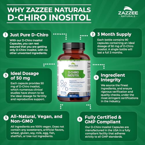 Frasco cerrado Zazzee D-Chiro Inositol cápsulas para apoyo reproductivo